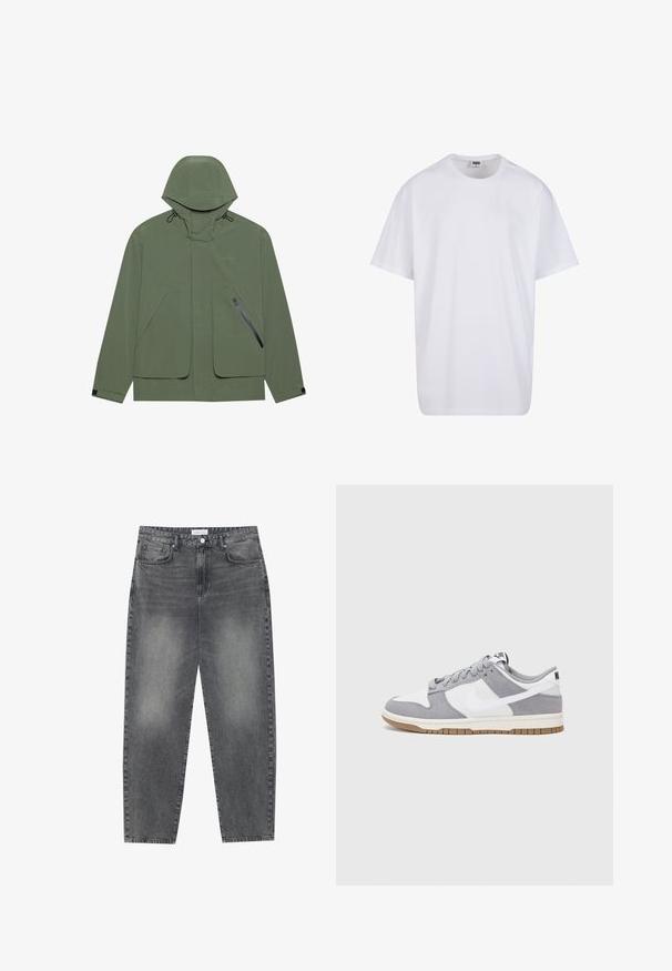 Veste imperméable verte avec capuche, dotée de grandes poches avant, d'une poche latérale zippée et de cordons de serrage réglables. Texture lisse.; T-shirt en coton blanc avec des manches courtes, un col rond, une coupe décontractée et sans logos ni motifs visibles. Texture lisse et design minimaliste.; Jean taille haute, décontracté en denim noir délavé. Comprend cinq poches, des passants de ceinture et un design de jambe droite épurée.; Baskets grises et blanches avec un dessus en suède et cuir, bout rond, lacets plats et semelle en caoutchouc avec une touche de gomme.