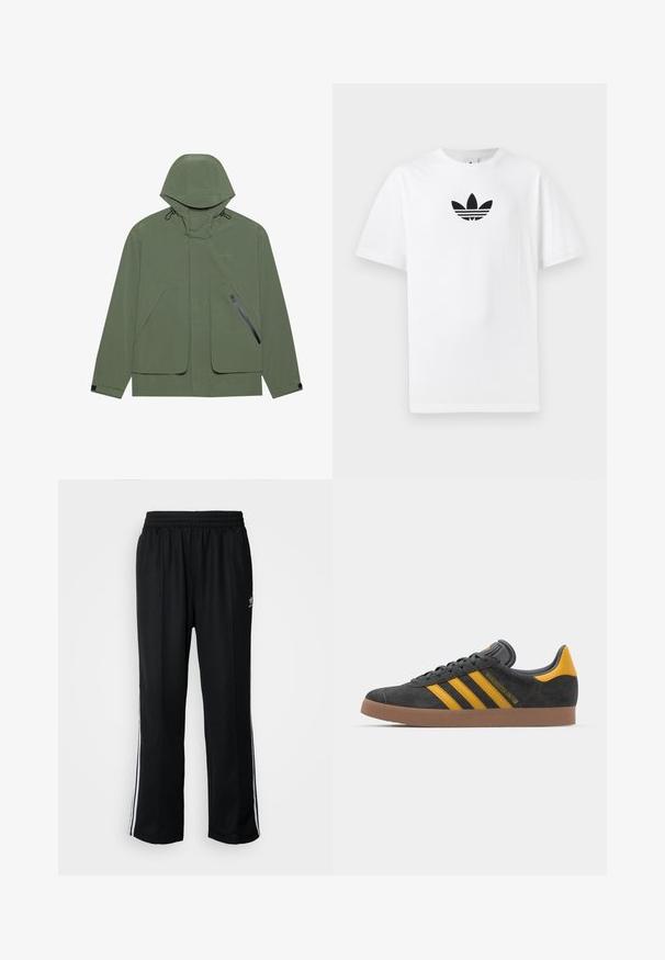 Zelena vodootporna jakna s kapuljačom, koja ima velike prednje džepove, bočni džep s patentnim zatvaračem i podesive vezice. Glatka tekstura.; Bijela pamučna majica s crnim Adidas logom u centru. Kratki rukavi i dizajn s okruglim izrezom. Glatka tekstura.; Crne sportske hlače s elastičnom trakom oko struka, s bijelim bočnim prugama i malim logotipom. Materijal izgleda mekan i lagan.; Crne nubuk tenisice s žutim detaljima, sa tri pruge i smešnim gumenim potplatom. Imaju jastučić na jeziku za udobnost.