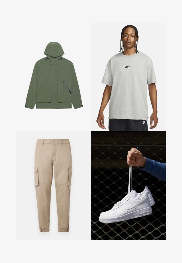 Vihreä vedenpitävä takki hupulla, jossa on suuret etutaskut, vetoketjullinen sivutasku ja säädettävät nyörit. Sujuva pinta.; Nuori henkilö, jolla on letitetyt hiukset, pukeutuneena vaaleanharmaaseen Nike T-paitaan ja mustiin Nike-shorteihin valkoista taustaa vasten.; Beige cargo-housut kevyestä puuvillamateriaaliesta. Omistaa elastiset hihnat, useita sivutaskuja ja nappisuljin.; Valkoiset nahkasneakersit, joissa on rei'ityksiä, pyöreä kärki, tasapohja ja paksut nauhat, joissa on näkyvä swoosh-logo ja "AIR" kantapäässä.