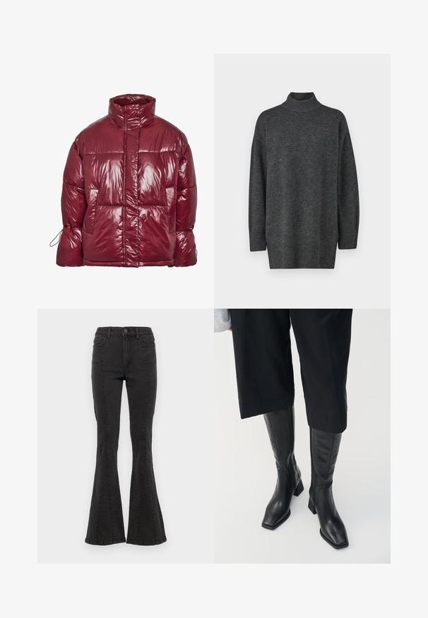 Fényes sötétvörös pufi dzseki magas gallérral, elülső zsebekkel, hosszú ujjakkal és enyhén túlméretezett, steppelt kialakítással.; Sötét szürke, oversized garbó pulóver puha kötött anyagból, hosszú ujjakkal és bordázott szegéllyel; sima textúra, minimalista dizájn.; Fekete farmer anyagú harang szabású nadrág, magas derékkal, oldalsó varrással és letisztult szegéllyel. Az anyag sima tapintású, enyhe rugalmassággal.; Fekete bőrből készült, térdig érő csizmák négyzet alakú orral és blokk sarkal. Oldalsó cipzárral rendelkezik és sima textúrával bír.