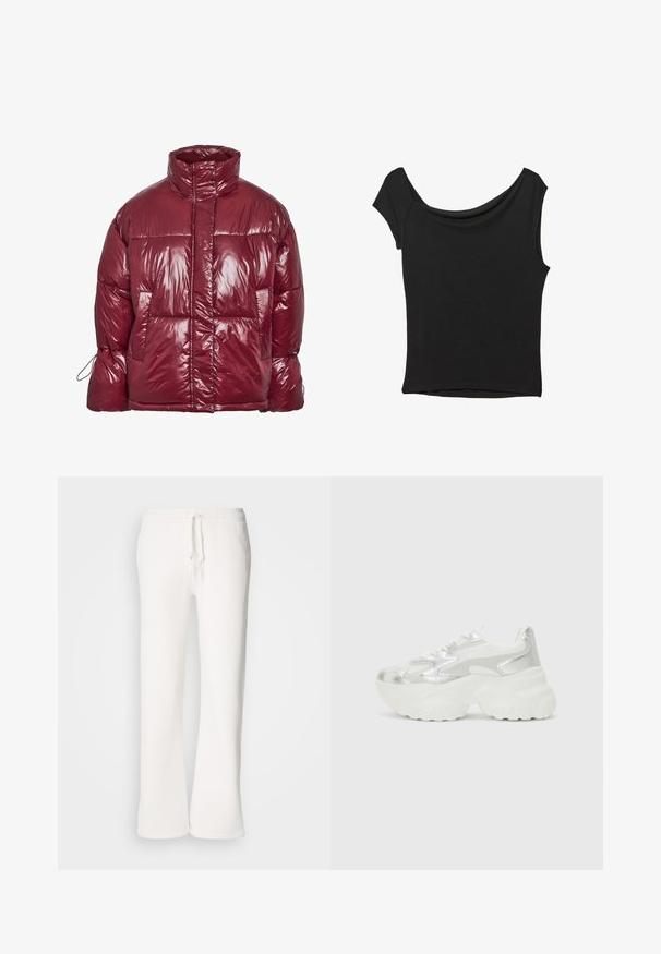 Sijajna tamnocrvena puhasta jakna s visokim ovratnikom, prednjim džepovima, dugim rukavima i blago prevelikim, prošivenim dizajnom.; Crna majica kratkih rukava od glatkog materijala; ima drapirani izrez i asimetrični donji rub, uz prilagođeni kroj tijela.; Bijele, opuštene hlače od flisa izrađene od mekog materijala, s elastičnim pojasom i vezicom te ravnim nogavicama.; Srebrne tenisice s teksturiranim mrežastim gornjištem i iridescentnim akcentima, s debelim bijelim potplatom i vezanjem na vezice.