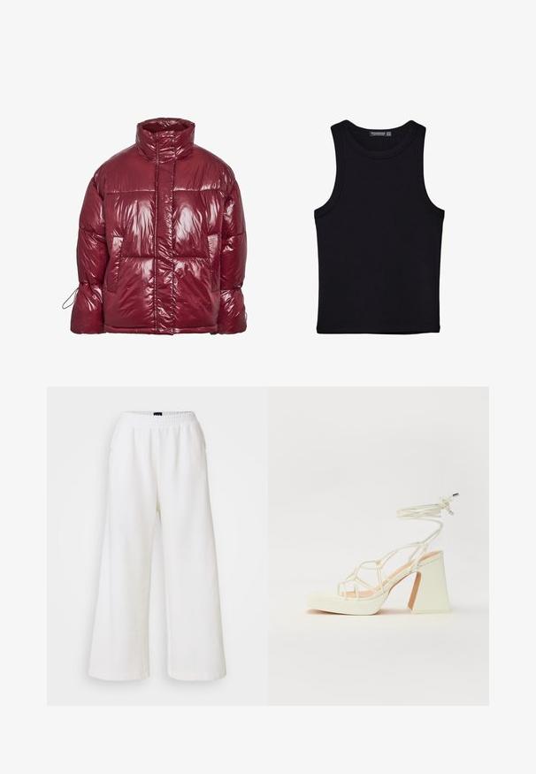 Sijajna tamnocrvena puhasta jakna s visokim ovratnikom, prednjim džepovima, dugim rukavima i blago prevelikim, prošivenim dizajnom.; Crni top bez rukava od pamuka, s okruglim izrezom i širokim izrezima za ruke. Glatka tekstura s ušivenim rubovima. Klasičan, minimalistički dizajn.; GAP SEAM WIDE LEG - Hlače - new off white; Bijela sandala na visokoj potpetici s debelim petom, s remenom i vezanjem oko gležnja. Glatka tekstura s platformom sprijeda za dodatnu visinu.
