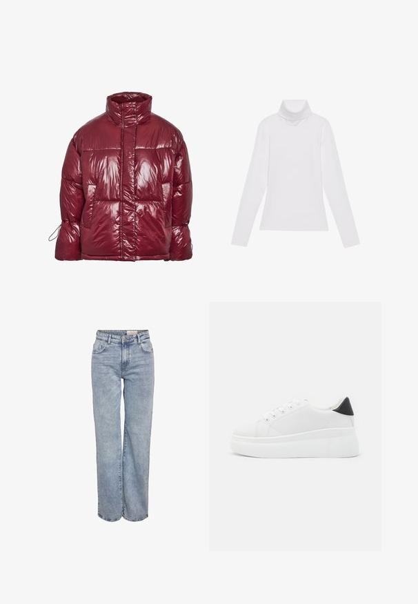 Skinnende mørkerød dunjakke med høy krage, frontlommer, lange ermer og et litt oversized, quiltet design.; Hvit langermet høyhalset topp laget av glatt, elastisk stoff. Har høy krage og tettsittende design, uten synlige mønstre eller dekorasjoner.; Lys blå vide jeans laget av denim, med høy midje, fem-lommers design og subtile falminger for et slitt utseende.; Hvite plattform sneakers laget av glatt syntetisk materiale, med rund tå, snøring og en strukturert gummisåle. Svart hæl akcent.