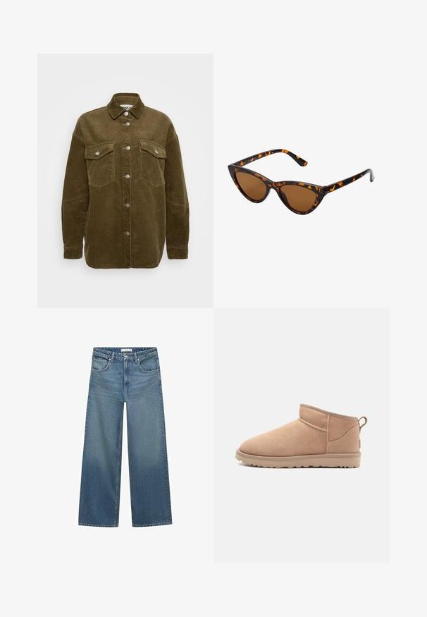 Khaki corduroy-paita takki, jossa on kauluskrae, hopeiset napit ja kaksi rintataskua. Ominaisuuksina rento istuvuus ja ribattu pinta.; Ruskea neulepaita, jossa on pyöreä pääntie, rosoiset olkapäät ja ribbireunat. Pehmeä rakenne, lyhyt malli ja löysä istuvuus.; Vaaleansiniset leveät farkut, jotka on valmistettu denimistä, keskikorkea vyötärö, kaksi etutaskua ja perinteiset ompeluyksityiskohdat.; Tan suede nilon kaki dengan ujung bulat, tekstur lembut, desain sederhana, dan sol karet profil rendah. Dilengkapi dengan tab tarik di belakang.; Kattöga solglasögon med en svart och orange sköldpaddsmönstrad båge, bruna linser och slanka, spetsiga spetsar. Har en minimal logotyp på skalmen.; Tummanruskea mokkanahkainen käsilaukku, jossa on jämäkkä muoto, varustettuna kahdella ylhäällä olevalla kahvalla ja irrotettavalla hihnalla, jossa on kultasävyinen solki.