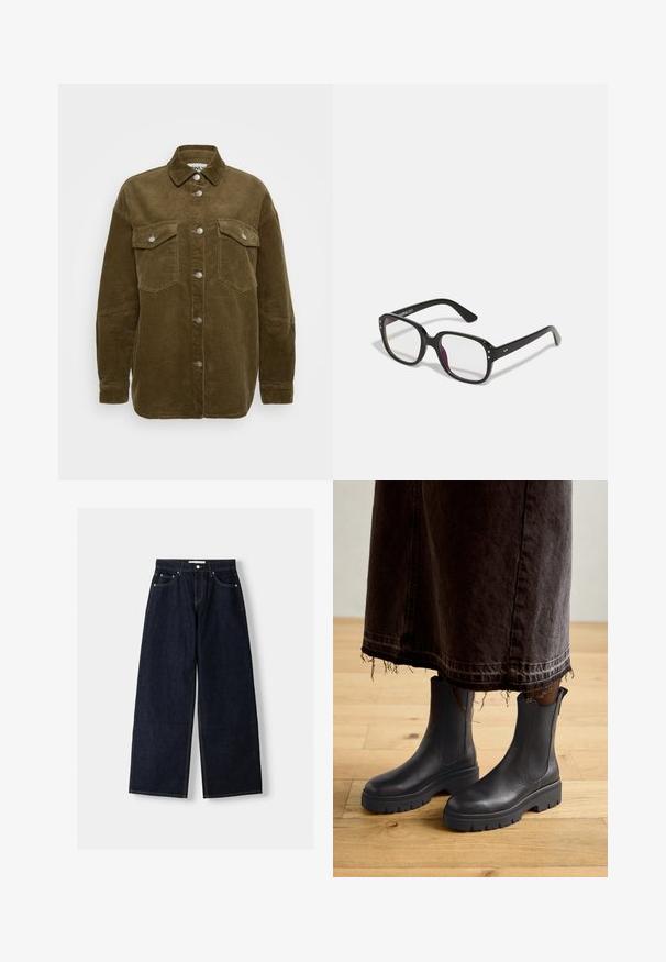 Kahaki kožna jakna košulja s ovratnikom, srebrnim gumbima i dvije džepove na prsima. Ima ležeran kroj i rebrastu teksturu.; Svijetlosmeđa traper košulja s dugim rukavima, oštrim ovratnikom, dva prednja džepa i srebrnim kopčama na gumb. Ima opušteni kroj i izdržljivu teksturu.; Tamno plavi traper široki traperice viskog struka, s pet džepova, kontrastnim šavovima i srebrnim metalnim detaljima. Glatka tekstura i čista obrada.; Crne kožne gležnjače s elastičnim bočnim panelima, debelim gumiranim potplatom i zaobljenim vrhom, u kombinaciji s tamnom, pohabanom traper suknjom.; Crne pravokutne naočale s prozirnim staklima, zaobljenih rubova i bočnim naglasima, s sjajnom završnom obradom okvira i krakova.