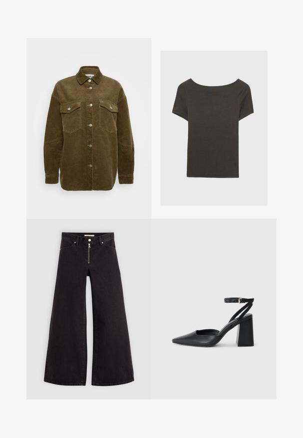Khaki kordflöjel skjortjacka med krage, silverfärgade knappar och två bröstfickor. Har en avslappnad passform och ribbad textur.; Mörkgrå kortärmad topp med båthals. Tillverkad av ribbad tyg, med avslappnad passform och ren fåll. Enkelt design, inga mönster.; Breda jeans i svart denim med dragkedja fram, femfickorsdesign och subtila sömdetaljer. Slät textur och avslappnad stil.; Svart läderpumps med spetsig tå, ankelrem och kraftig klack. Slät textur, stilren design och minimalistisk estetik.