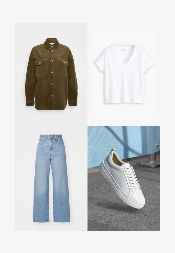 Giacca camicia in corduroy khaki con colletto, bottoni argentati e due tasche sul petto. Presenta una vestibilità comoda e una texture a coste.; T-shirt bianca in cotone con scollo a V, maniche corte e orlo dritto. Texture morbida, design minimale, senza motivi né dettagli.; Jeans a vita alta blu chiaro con gamba larga, chiusura frontale con bottone e zip, tasche anteriori e posteriori, su uno sfondo bianco.; Sneaker bianco in pelle con lacci piatti, punta arrotondata, suola in gomma e una piccola linguetta sul tallone. Texture liscia con dettagli di design minimi.
