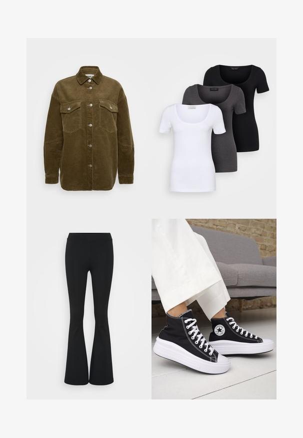 Khaki corduroy shirt jacket with a collared neck, silver buttons, and two chest pockets. Features a relaxed fit and ribbed texture.; Three fitted T-shirts in white, gray, and black. Each features a wide scoop neckline and short sleeves. Made from smooth, stretchy fabric.; Black flared pants made of stretchy fabric, featuring a high waistband and a smooth texture. The pants flare out from the knee.; Black high-top sneakers with white rubber soles and laces. Features a round logo patch and contrasting white stitching. Canvas material.