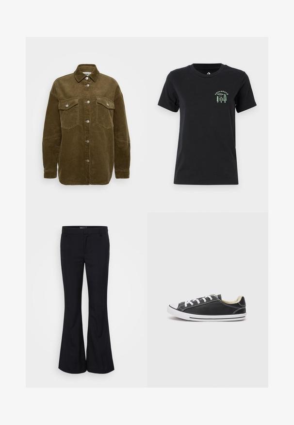 Khaki korduroy košeľa bunda s golierom, striebornými gombíkmi a dvoma vreckami na hrudi. Disponuje voľným strihom a ryhovanou textúrou.; Converse FOREST ART TEE - Tričko s potlačou - black; Gina Tricot Tall RELAXED TROUSERS - Nohavice - black; Converse CHUCK TAYLOR ALL STAR DAINTY LUCKY - Tenisky - black/white