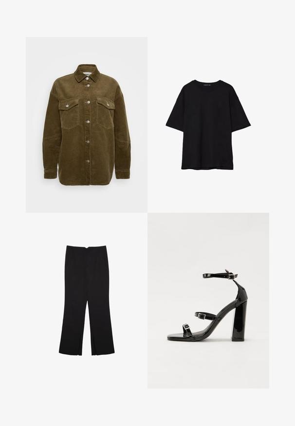 Kaki kordfløjl skjortejakke med krave, sølvknapper og to brystlommer. Har en afslappet pasform og ribbet tekstur.; Sort bomulds T-shirt med en afslappet pasform, korte ærmer, rund halsudskæring og en glat tekstur. Ingen synlige mønstre eller accenter.; Sorte bukser med lige pasform, der har frontlommer og slidser i kanten. Lavet af blødt, glat stof. Velegnet til forskellige anledninger.; Sorte patenterede hælsandaler med firkantet tå, ankelremme og sølvspænder. Har en chunky blokHæl for stabilitet.