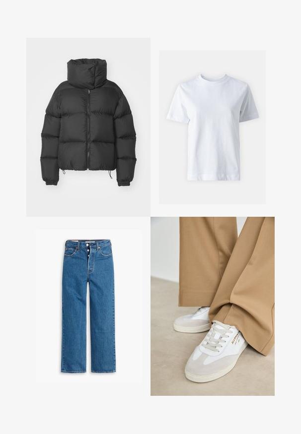 Fekete steppelt dzseki magas gallérral, cipzáros elülső résszel, rugalmas mandzsettákkal és rövidített fazonnal, párnázott részekkel a hőszigetelés érdekében.; Fehér pamut póló kerek nyakkal, rövid ujjal, egyenes szabással és sima textúrával. Nincsenek minták vagy díszítések.; Kék farmer egyenes szárú nadrág, magas derékkal, öt zsebes kialakítással és gombos résszel. Figyelemfelkeltő varrás és rézszínű szegecsek jellemzik.; Fehér sportcipők velúr részletekkel, texturált fűzővel és gumitalppal. Laza barackszínű nadrággal párosítva. A logó az oldalon látható.