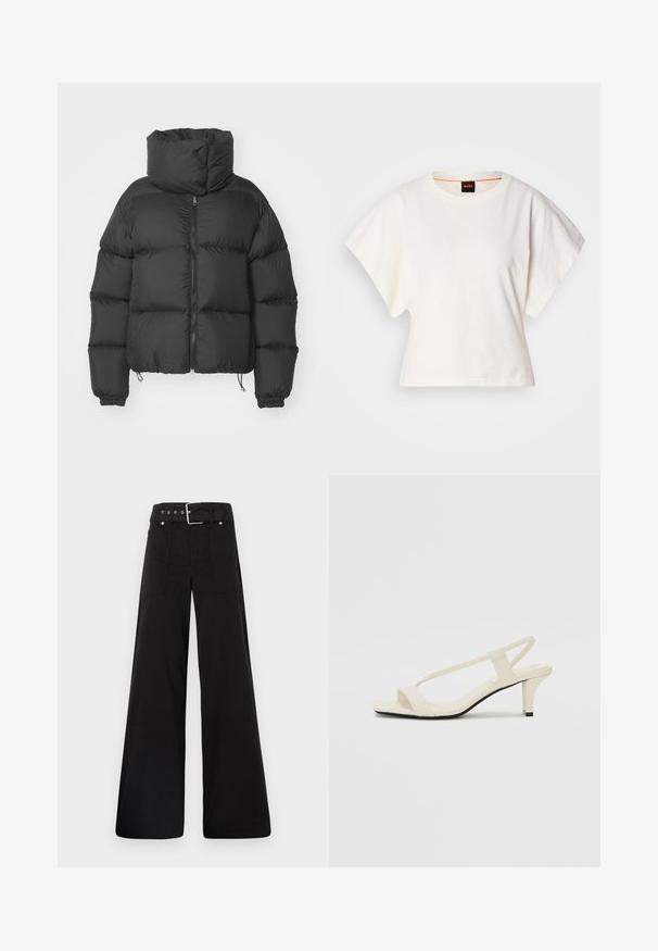 Giacca a vento nera con colletto alto, chiusura con zipper, polsini elasticizzati e un design cropped con sezioni imbottite per l'isolamento.; T-shirt bianca cropped, maniche corte e larghe, tessuto di cotone morbido, scollatura rotonda con bordino arancione sottile, design minimale, senza motivi o grafiche.; Pantaloni neri a gamba larga realizzati in cotone, con vita alta, ampie tasche laterali e vita con cintura arricchita da dettagli in metallo argentato.; Sandali con tacco a blocco beige, con sottili cinturini e punta quadrata. Materiale liscio con dettagli minimi, progettati per un facile utilizzo.