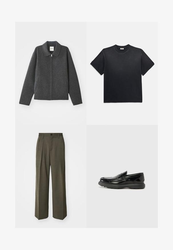 Hallimehe hall villasegu jakk, millel on kaelus, ees lukk ja kaks küljetaskut. Jakk on lõdva istuvusega koos kergelt kitsenevate varrukatega.; Must märk puuvillane T-särk ümmarguse kaelusega ja lühikeste varrukatega. Omab lõdvat istuvust, sujuvat tekstuuri ja minimalistlikku disaini.; Filippa K WIDE TROUSERS - Püksid - driftwood; Must musta nahk loafer läikiva viimistlusega, ümar varvas, delikaatsed õmblusdetailid ja paks kummist tallad vastupidavuse tagamiseks.