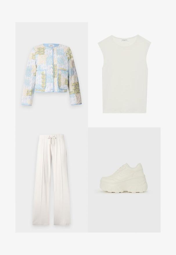 ONLY ONLELVIRA JACKET - Viegla jaka - cool blue; Balts bez piedurknēm tops ar apaļu kakla izgriezumu. Izgatavots no gludas auduma, tam ir brīvs piegriezums un minimālistisks dizains. Nav nekādas rakstainības vai akcentu.; Gai krēmo krāsas sporta bikses, kas izgatavotas no mīksta auduma, ar auklu jostu, platām kājām un vertikālajām šuvēm, ar gludu tekstūru.; Baltie platformas sporta apavi, kas izgatavoti no gludas mākslīgās ādas, ar noapaļotu formu, mīkstu apkakli un teksturētu gumijas zoli ar izteiktiem rakstiem.