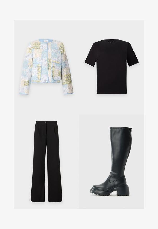 ONLY ONLELVIRA JACKET - Light jacket - cool blue; Black short-sleeve t-shirt with a round neckline, crafted from soft cotton fabric. Simple design, no visible logos or patterns.; Black high-waist wide-leg trousers with front button and zipper closure, featuring subtle pleats below the waistband.; Tall black leather boot with chunky platform sole and block heel, featuring pull tab and textured tread on outsole.
