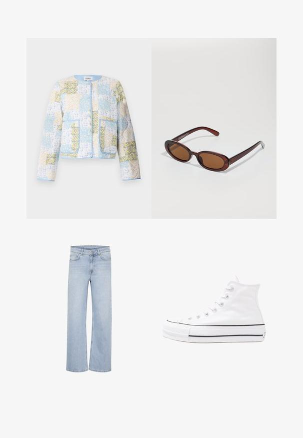 ONLY ONLELVIRA JACKET - Lagana jakna - cool blue; Bijela majica kratkih rukava od pamuka. Ima okrugli izrez i opušteni kroj. Glatka tekstura bez vidljivih uzoraka ili naglasaka.; Svijetloplave široke traperice izrađene od denima. Sadrže petlje za remen, dizajn s pet džepova i šivane detalje duž šava.; Bijela visoka platnena tenisica s crnom gumenom potplatom, prednjim gumenim zaštitnikom prstiju i šest rupa za vezanje, s čistim, minimalističkim dizajnom.; Okvir okruglih, smeđkastih sunčanih naočala s sjajnim burgundskim okvirom. Uski nositelji s suptilnim brendiranjem. Ravna leća.