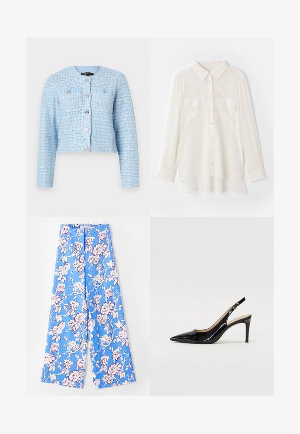 Blå tweed cropped jakke med lange ærmer, rund halsudskæring, forreste lomme og lukkemekanismer med sølvknapper. Tekstureret stof med vandrette striber.; Hvid skjorte med knapper lavet af letvægtsstof. Har en klassisk krave, to brystlommer og en lidt længere bagkant.; Blå blomsterbukser med et pastelfarvet rosemønster. Stofret er glat med en afslappet pasform, brede ben og en elastisk talje.; Sort patenteret læder slingback stiletto med spids tå, slank hæl og et subtilt udskæringsdesign. Har en gylden spænde på remmen.