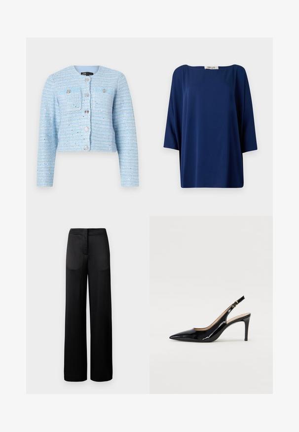 Blå tweed cropped jakke med lange ærmer, rund halsudskæring, forreste lomme og lukkemekanismer med sølvknapper. Tekstureret stof med vandrette striber.; Marineblå løs top med bred udskæring og halværmer, der har en glat tekstur og minimalistisk design.; Bredbenede sorte bukser med en tekstureret overflade, der har en flad talje og to sidelommer. Stoffet ser let og strømmende ud.; Sort patenteret læder slingback stiletto med spids tå, slank hæl og et subtilt udskæringsdesign. Har en gylden spænde på remmen.