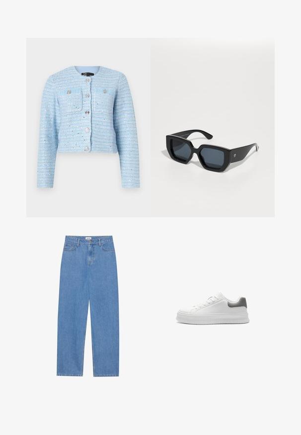 Blå tweed cropped jakke med lange ermer, rund hals, frontlommer og sølvknap-lukninger. Struktureret stof med vandrette striber.; To ribbet tanktopper: en lys blå og en hvit. Hver av dem har en rund halslinje og en tilpasset silhuett som fremhever stoffets tekstur.; Lyseblå denimjeans med rett snitt, fem lomme-design, enkelt knappelukking og subtile sømdetaljer.; Hvit sneakers med glatt syntetisk overdel, strukturert grå hælkapp, rund tå og tykk ribbet såle. Snøring med minimal merking.; Svart oversized solbriller med geometrisk design, rektangulære linser og blank overflate. Ingen synlig merkevare på forsiden.