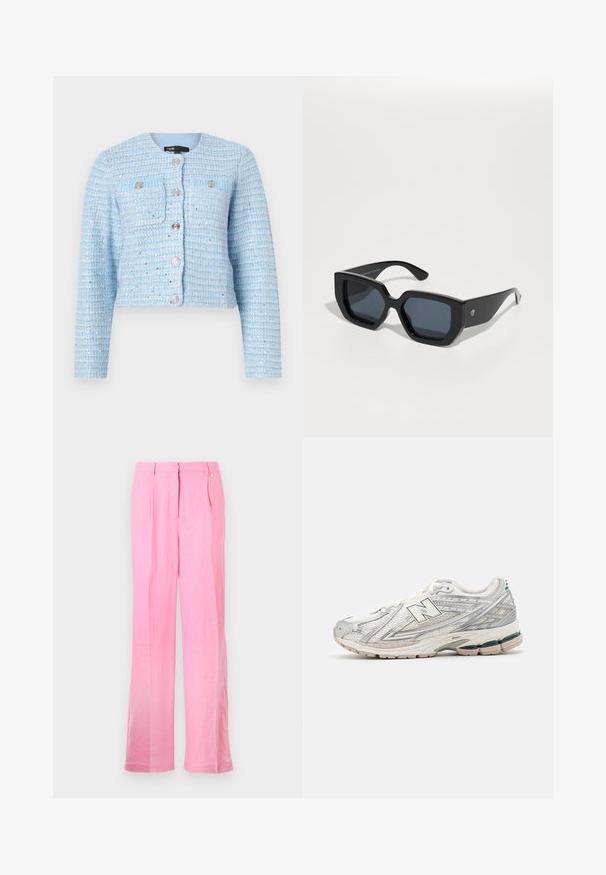 Zils tvīda īss jaka ar garām piedurknēm, apaļu kakla izgriezumu, priekšējiem kabatām un sudraba pogām. Teksturēta auduma ar horizontālām svītrām.; Balta kokvilnas T-krekls ar grafisko dizainu, kurā ir rozā teksts "SEND NOODS" un kociņi, iekļauts kvadrātveida kontūrā.; Rozā lina bikses ar brīvu piegriežumu, ar priekšējiem krokām, pogu aizdari un sānu kabatām. Gluda tekstūra un taisnu kāju dizains.; Skriešanas apaviem ir sudraba un baltas krāsas acu materiāls ar zaļu akcentu. Zole ir masīva un teksturēta, izstrādāta, lai nodrošinātu amortizāciju un atbalstu.; Melnas lielas saulesbrilles ar ģeometrisku dizainu, taisnstūrveida lēcas un spīdīgu apdari. Uz priekša nav redzama zīmola.