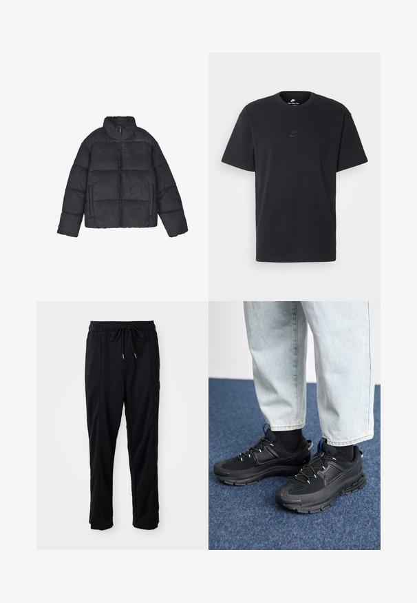 Casaco acolchoado preto com gola alta, fecho de zíper frontal, dois bolsos laterais e design de painéis pespontados. Textura suave com acabamento mate.; T-shirt de algodão preto da Nike com um clássico decote redondo, mangas curtas e um logótipo em relevo discreto no peito. Textura suave.; Calças casuais pretas com cordão na cintura, com bolsos laterais e corte reto, sobre um fundo simples.; Sapatilhas desportivas pretas com tecido texturizado e solas em borracha, apresentando atacadores elásticos e um detalhe azul no calcanhar. Usadas com calças de ganga claras.