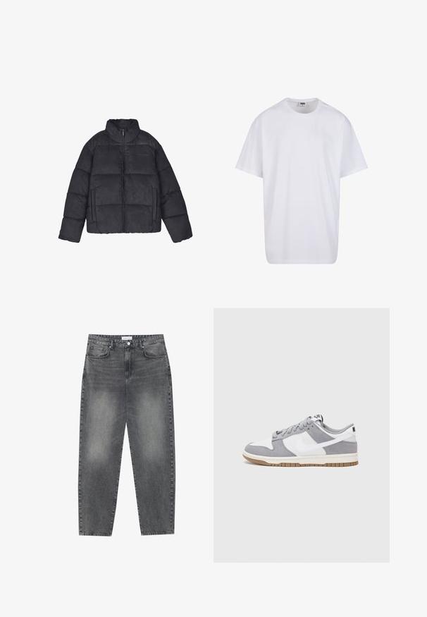 Jachetă neagră căptușită cu guler înalt, închidere frontală cu fermoar, două buzunare laterale și design cu panouri cusute. Textură moale cu finisaj mat.; Tricou alb din bumbac cu mâneci scurte, decolteu rotund, croială lejeră și fără logo-uri sau modele vizibile. Textură netedă și design minimalist.; Jeans cu talie înaltă, lejere, din denim negru estompat. Caracteristici: cinci buzunare, bucle pentru curea și un design curat cu picior drept.; Sneaker gri și alb, cu un superior din suede și piele, vârf rotund, șireturi plate și o talpă din cauciuc ce prezintă un accent de culoare gum.