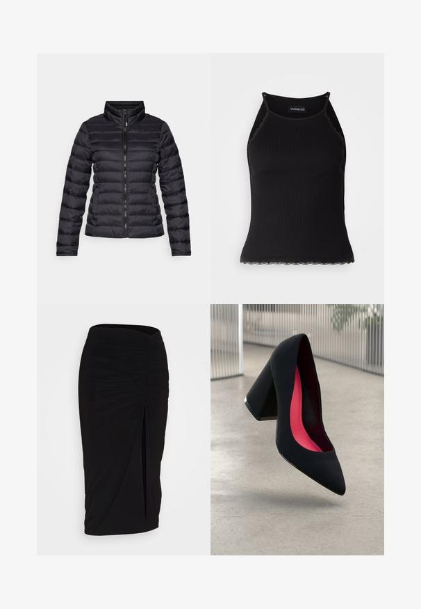 Veste en duvet noire avec un col haut, un design matelassé horizontal, une fermeture éclair frontale intégrale et des manches ajustées. Texture lisse et brillante.; Débardeur noir à côtes avec une bordure en dentelle festonnée à l'ourlet. Présente des bretelles fines et une coupe ajustée. Fabriqué en tissu extensible.; Jupe crayon noire froncée avec détail à nouer et fente latérale. Fabriquée à partir d'un tissu extensible, elle présente une texture lisse et une coupe ajustée.; Chaussure à talon noir avec un bout pointu, surface texturée et un intérieur rose vif. Dotée d'un talon épais avec un accent en argent.