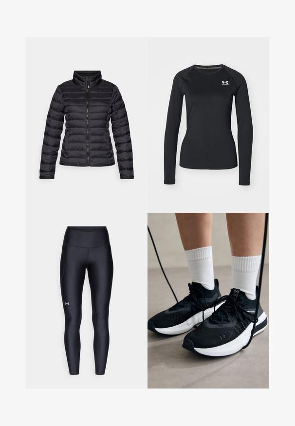 Veste en duvet noire avec un col haut, un design matelassé horizontal, une fermeture éclair frontale intégrale et des manches ajustées. Texture lisse et brillante.; T-shirt de sport noir à manches longues en tissu lisse, avec un col rond et un petit logo blanc sur la poitrine gauche.; Leggings noirs en matière lisse et extensible avec une taille haute. Présentent un logo blanc sur la cuisse gauche et un design ajusté.; Chaussures de sport noires en tissu texturé, avec une semelle blanche et des lacets noirs. Portées avec des chaussettes blanches côtelées, debout sur une surface claire.