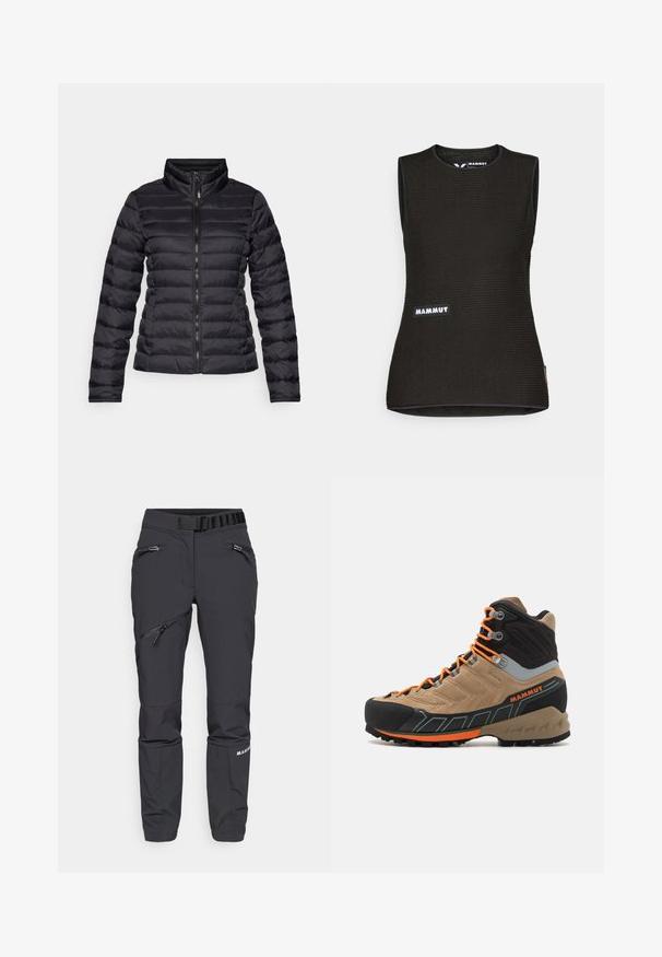Zwarte pufferjas met een hoge kraag, horizontaal gestikte ontwerp, volledige rits aan de voorkant en aansluitende mouwen. Glad, glanzend textuur.; Zwart mouwloos shirt met een textuurpatroon, voorzien van een ronde halslijn en een "MAMMUT" logo op de voorkant. Gemaakt van ademend materiaal.; Zwarte softshellbroek met een slim fit, ritssluitingen, elastische tailleband en gestructureerde panelen op de onderbenen. Duurzaam materiaal voor gebruik buitenshuis.; Beige en zwarte hoge wandelschoen met oranje veters, rubberen neusstuk, gestructureerde bovenkant en robuuste zool. Heeft versterkte enkelondersteuning.