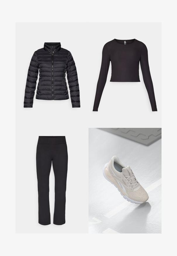 Chaqueta tipo puffer negra con cuello alto, diseño de acolchado horizontal, cremallera delantera completa y mangas ajustadas. Textura lisa y brillante.; Top corto negro de manga larga hecho de tela acanalada. Presenta un cuello redondo y una silueta ajustada con superficie texturizada.; Leggings negros con una tela suave y elástica y una cinturilla ancha. Tienen perneras rectas y de longitud completa, sin patrones o acentos visibles.; Zapatilla deportiva de color beige claro con parte superior perforada, acentos texturizados, cuello acolchado y suela de goma blanca, diseñada para la comodidad y la transpirabilidad.