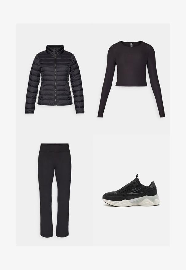 Zwarte pufferjas met een hoge kraag, horizontaal gestikte ontwerp, volledige rits aan de voorkant en aansluitende mouwen. Glad, glanzend textuur.; Zwart cropped top met lange mouwen, gemaakt van ribbelstof. Heeft een ronde halslijn en een getailleerde pasvorm met een gestructureerd oppervlak.; Zwarte leggings van een gladde, rekbare stof met een brede tailleband. Ze hebben rechte, volle lengtes en geen zichtbare patronen of accenten.; Zwarte sneakers van mesh en suede, met een dikke zool, ronde vorm, subtiele grijze accenten en een merklogo aan de zijkant.