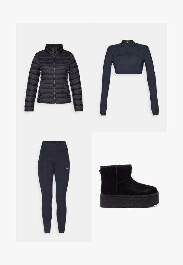 Veste en duvet noire avec un col haut, un design matelassé horizontal, une fermeture éclair frontale intégrale et des manches ajustées. Texture lisse et brillante.; Top court à manches longues bleu marine avec un col montant et une fermeture éclair quart, présentant des panneaux d'épaule texturés et une silhouette ajustée.; Leggings noirs avec une taille haute, en tissu extensible, présentant un petit logo blanc sur la cuisse et une texture lisse.; Bottines en suede noir avec une semelle épaisse et un intérieur doux. Finition avec des accents de couture et une languette arrière pour les enfiler facilement.