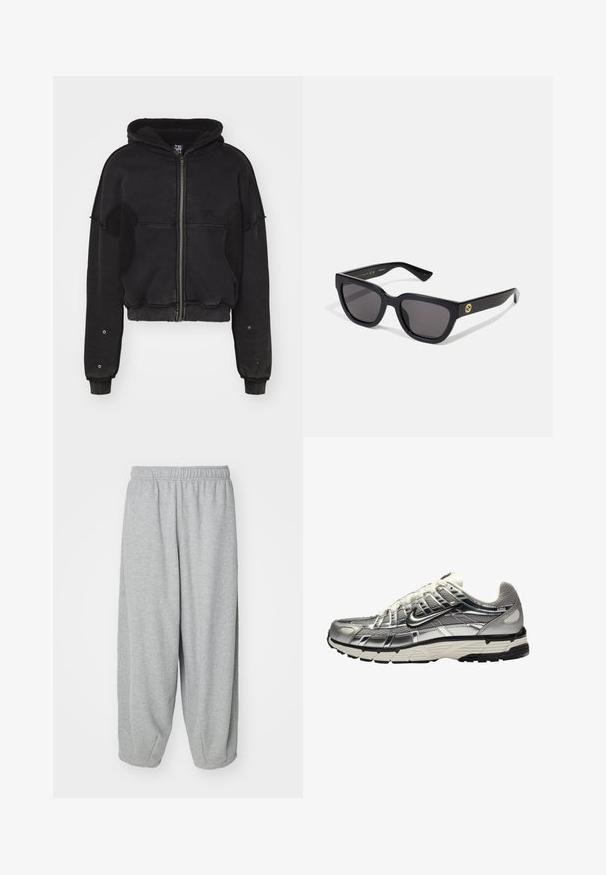 Atelier de roupa UNISEX czarny; Czarna bluza z kapturem z grafiką na przodzie przedstawiającą sylwetkę na teksturowanym tle, z białymi akcentami na rękawach oraz kieszenią typu kangur.; Jasnoszare, luźno dopasowane spodnie dresowe z miękkiego materiału. Elastyczny pas i mankiety na kostkach. Prosty i nieozdobiony design.; Srebrny i czarny but sportowy z siateczkowej i syntetycznej cholewki, o obszernej konstrukcji i teksturowanym wykończeniu. Posiada wyściełany kołnierz oraz gumową podeszwę.; Czarne prostokątne okulary przeciwsłoneczne z błyszczącym wykończeniem, ciemnymi soczewkami i złotymi akcentami na zauszniku z logo.