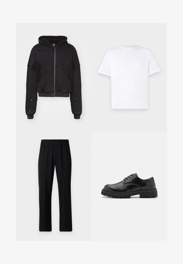 Atelier de roupa SNUG JACKET UNISEX - Fleecejacke - black; Weißes Baumwoll-T-Shirt mit Rundhalsausschnitt und kurzen Ärmeln. Geschmeidige Textur, gerader Schnitt, keine Muster oder Akzente. Nur Rückansicht.; Schwarze, Gummibund-Hosen mit geradem Schnitt, die eine glatte Textur aufweisen und keine sichtbaren Muster oder Beschläge haben.; Schwarze Lederschuhe mit runder Zehenform, Schnürdesign und einer dicken, strukturierten Gummisohle. Sie verfügen über eine Naht entlang des Randes und haben eine glatte Oberfläche.