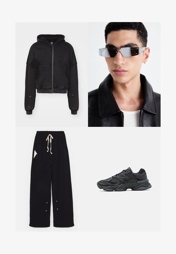 Atelier de roupa SNUG JACKET UNISEX - Jakna od flisa - black; Crna kratka majica s kratkim rukavima od pamuka, s okruglim izrezom i ležernim krojem. Glatka tekstura s minimalnim detaljima šivanja.; Crne široke hlače izrađene od mekog materijala s pojasom na vezanje, bočnim džepovima i trokutastim akcentom džepa. Uključeni su detalji od srebrne boje.; Crne trkačke tenisice izrađene od kombinacije mrežastih i sintetičkih materijala, s debelim potplatom, zakrivljenim dizajnom i istaknutim brendom sa strane.; Angular sunčane naočale sivo-smeškanih tonova sa srebrnim detaljima, postavljene na svijetloj pozadini. Stakla imaju jedinstven geometrijski oblik.