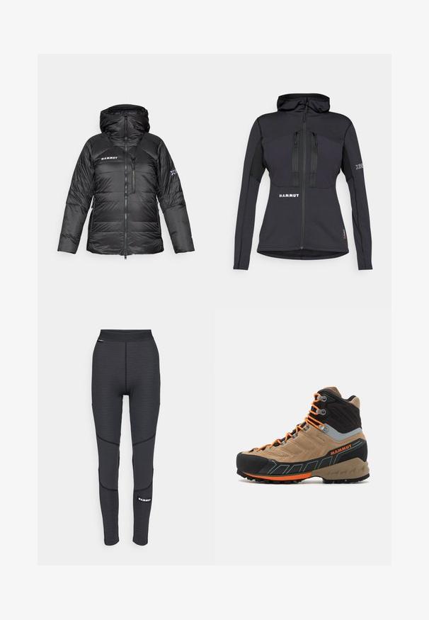 Casaco puffer preto com fecho de zip, capuz ajustável e logótipo Mammut. Apresenta um design acolchoado e bolsos laterais para utilidade.; Casaco atlético preto com capuz, apresentando bolsos com fecho de correr e um painel texturizado nas mangas. Logotipo na frente e na manga. Material projetado para flexibilidade.; Camiseta preta sem mangas com um padrão texturizado, apresentando uma gola redonda e um logótipo "MAMMUT" na frente. Feita de material respirável.; Leggings atléticos pretos com painéis texturizados e costuras reforçadas, apresentando um logótipo de marca e uma cintura larga elástica.; Bota de caminhada cano alto em bege e preto com atacadores laranja, biqueira em borracha, parte superior texturizada e sola robusta. Apresenta suporte reforçado para o tornozelo.