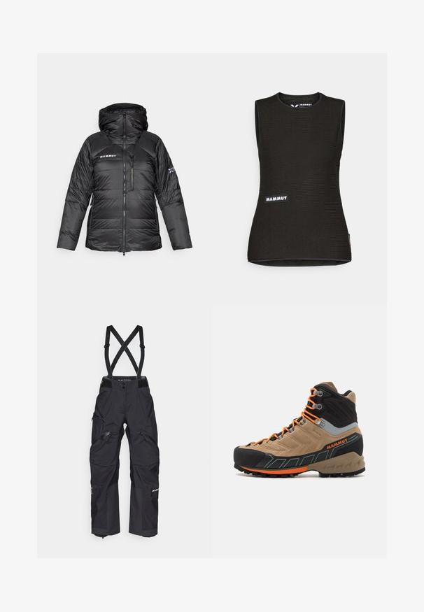 Černá péřová bunda s zipem, nastavitelnou kapucí a logem Mammut. Obsahuje prošívaný design a boční kapsy pro užitečnost.; Černé bezrukávové tričko s texturovaným vzorem, s kulatým výstřihem a logem "MAMMUT" na přední straně. Vyrobeno z prodyšného materiálu.; Černé technické kalhoty s kšandami, které mají několik zipových kapes, zesílená kolena a odolnou, voděodolnou tkaninu.; Beige a černé vysoké turistické boty s oranžovými tkaničkami, gumovým špičkovým krytem, texturovaným svrškem a robustní podrážkou. Obsahují zesílenou podporu pro kotník.