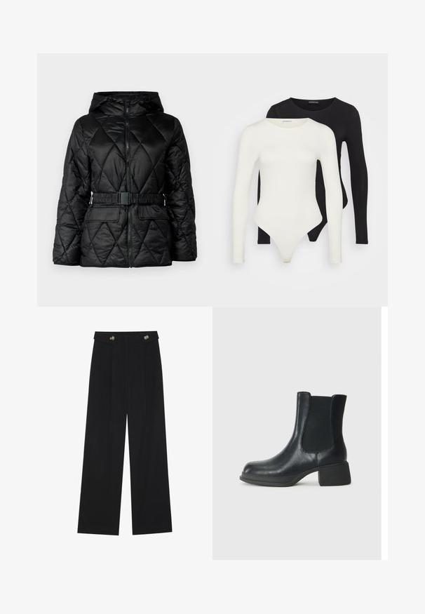Czarna pikowana kurtka puchowa z kapturem, zamek błyskawiczny, elastyczny pasek i dwie przednie kieszenie. Gładki, błyszczący materiał w diamentowy wzór.; Dwa długie body z długim rękawem w kolorze białym i czarnym. Wykonane z gładkiej tkaniny, z okrągłymi dekoltami i majtkami typu thong, co zapewnia smukłe dopasowanie.; Czarne szerokie spodnie z wysokim stanem, z detalami w postaci guzików na pasku oraz plisami z przodu.; Czarne skórzane botki za kostkę z elastycznymi panelami bocznymi, zaokrąglonym noskiem i niskim klockowym obcasem. Powierzchnia ma gładką teksturę i minimalne detale.