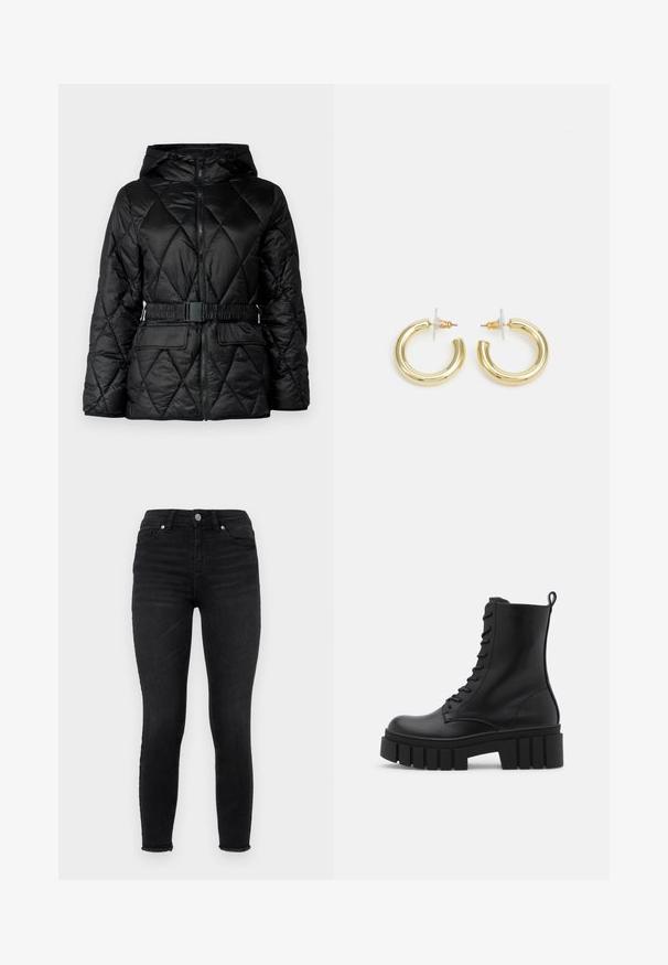Fekete steppelt pufi dzseki kapucnival, cipzáros záródással, elasztikus övvel és két elülső zsebbel. Simább, fényes anyag, gyémántmintával.; Even&Odd Petite 2 PACK - Felső - light grey/black; Fekete, skinny farmernadrág, magas derékkal, elülső zsebekkel és rojtos szegéllyel. Simító textúra, klasszikus öt zsebes kialakítással.; Fekete bőr bokacsizma vastag, bordázott talppal, fűzős elülső résszel és húzófüllel sima fehér háttérrel.; Arany fülbevalók sima, fényes felülettel. Kör alakú dizájn, amely kis kapoccsal és átlátszó tartozékkal rendelkezik a biztonságos viselés érdekében.