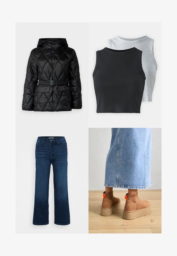 Sort quiltet puffjakke med hætte, lynlås lukning, elastisk bælte og to frontlommer. Glat, skinnende stof med diamantmønster.; Even&Odd Petite 2 PACK - Top - light grey/black; ONLY Petite ONLMADISON BLUSH WIDE - Wide leg - dark blue denim; Brune ruskinds platform støvler med elastiske sidepaneler og orange trækstropper, parret med en knælang lys denimnederdel på et trægulv.