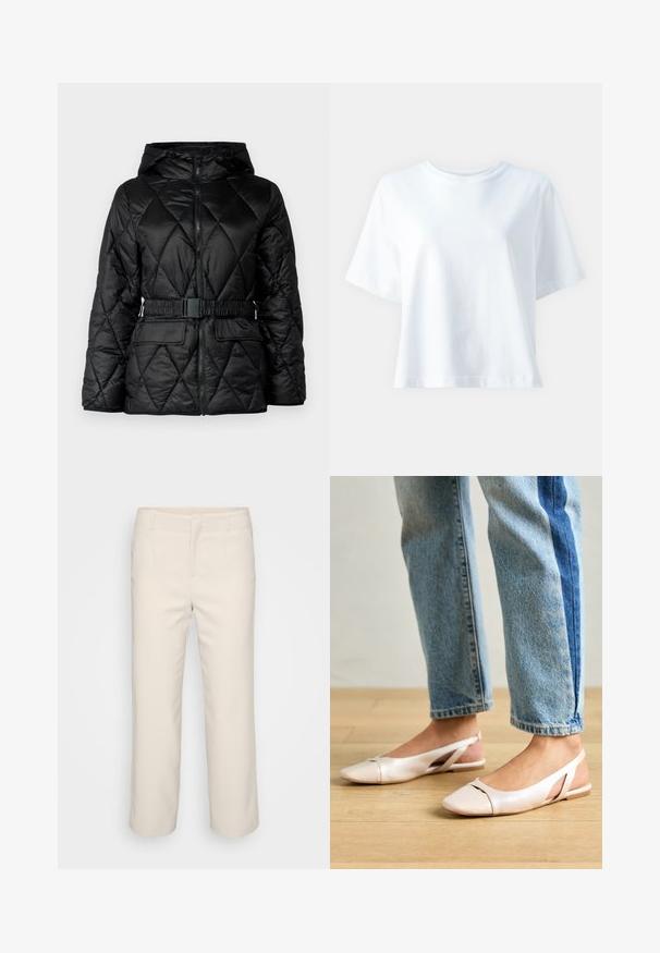 Black quilted puffer jacket with a hood, zip closure, elasticized belt, and two front pockets. Smooth, shiny fabric with diamond pattern.; White cotton t-shirt with a crew neck, short sleeves, relaxed fit, and smooth texture. No patterns or accents visible.; Beige, tailored trousers with a straight leg design, a flat front, and two side pockets. Made from a smooth fabric with a clean finish.; Pale pink slingback flats with a pointed toe, made from a smooth leather-like material. Features cut-out details at the sides and a flat heel.