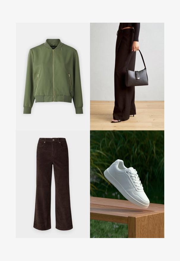 Olivengrøn bomberjakke med lynlås foran, ribbede manchetter og kant, samt to lynlåslommer på siden. Glat stof med en mat overflade.; Gråstribet langærmet top med rund halsudskæring og afslappet pasform. Lodrette striber i lysegrå kontrasterer mod den mørkere stoftekstur.; Vero Moda Petite VMTESSA PANTS - Bukser - chocolate torte; Hvid sneaker med en glat syntetisk overdel, perforeret tåboks, flade snørebånd og en tekstureret sål, præsenteret på en træoverflade.; Sort håndtaske med struktureret form, glat overflade og metalspænde. Sammen med brede sorte bukser og sandaler med åben tå på trægulv.