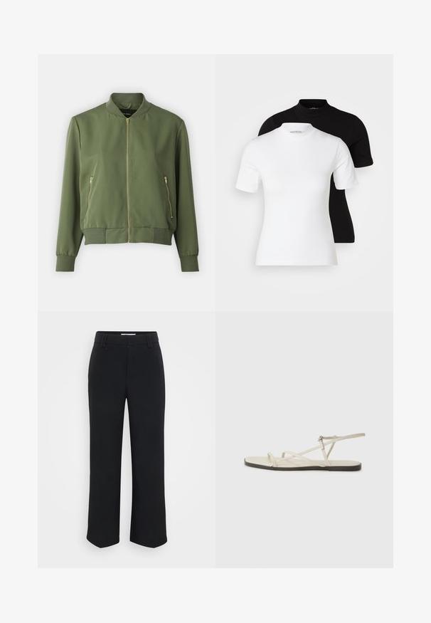 Giacca bomber verde oliva con zip frontale, polsini e orlo a coste, e due tasche laterali con zip. Tessuto liscio con finitura opaca.; Even&Odd Petite 2 PACK - T-shirt basic - white/black; Pantaloni neri a gamba larga con una texture liscia, dotati di una vita piatta e tasche laterali, progettati con un'estetica minimalista.; Sandal in beige piatta con multiple cinghie sottili e una fibbia regolabile. La suola è piatta con un leggero contrasto scuro lungo il bordo.