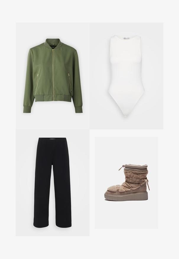 Veste bomber vert olive avec fermeture éclair à l'avant, poignets et ourlet côtelés, et deux poches latérales zippées. Tissu lisse avec une finition mate.; Bodysuit blanc sans manches avec un col montant et une coupe string. Texture lisse et silhouette ajustée conçue pour un look près du corps.; Pantalons larges noirs avec une taille élastique. Fabriqués à partir d'un matériau texturé, ils présentent une coupe ample et droite des hanches à l'ourlet.; Bottine beige en fourrure avec une semelle plateforme épaisse, tige froncée et lacets élastiques. Elle dispose d'une fermeture éclair et d'une texture en tissu doux.