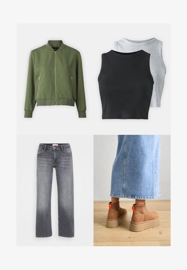 Olivgrüne Bomberjacke mit Reißverschluss vorne, gerippten Bündchen und Saum sowie zwei seitlichen Reißverschlusstaschen. Glatter Stoff mit matter Oberfläche.; Even&Odd Petite 2 PACK - Top - light grey/black; Graue Jeans aus Denim mit geradem Bein, fünf Taschen, dezentem Verblassen und einem Knopfverschluss in der Taille.; Braune Wildleder-Plateau-Stiefel mit elastischen Seitenpaneelen und orangen Zuglaschen, kombiniert mit einem knielangen hellen Jeansrock auf einem Holzboden.