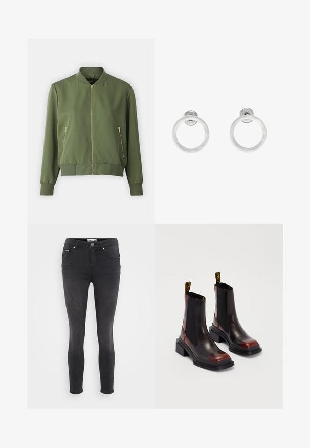 Oliven grønn bomberjakke med glidelås foran, ribbestrikkede ermer og nederkant, og to glidelåslommer på siden. Glatt stoff med en matt finish.; Even&Odd Petite 2 PACK - Topper - light grey/black; Sorte slim jeans laget av denim. Har en frontknappåpning og lommer med glidelås i midjen. Glatt tekstur med minimal falming.; Dr. Martens MAYBOLE CHELSEA - Platåstøvletter - black/cherry red; Sølvmetall hoop øreringer med børstet tekstur, med en sirkulær design og klar feste bak for sikker bruk.
