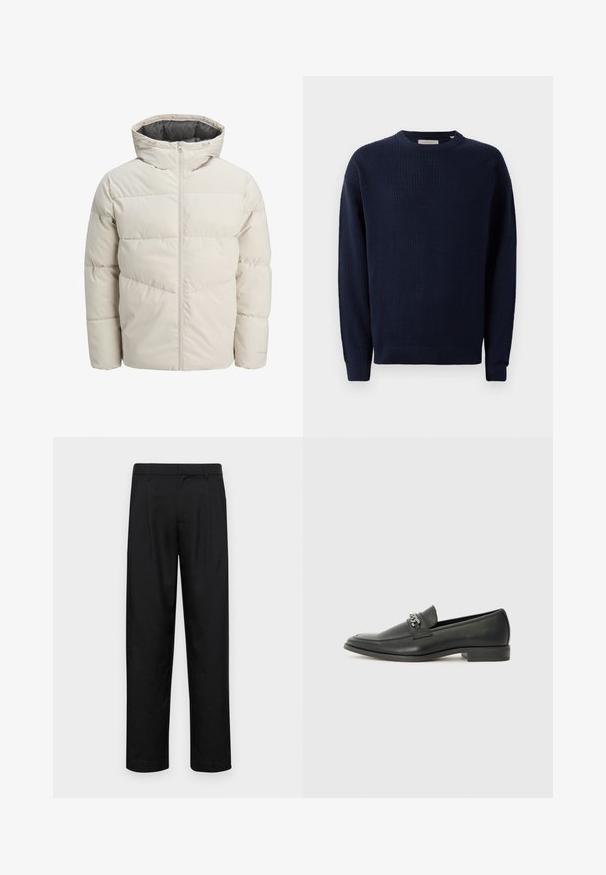 Casaco acolchoado em bege claro com gola alta e fecho de zip. Apresenta um design acolchoado e punhos elásticos. Tecido leve.; Sweater de malha azul-marinho com gola redonda, mangas longas e punhos canelados. Tecido texturizado com um padrão subtil e ajuste regular.; Calças pretas feitas de tecido suave, com um design de perna reta, dois pregas frontais e uma cintura padrão com passantes para cinto.; Sapatilha de couro preta com um acabamento suave, apresentando um design cosido e um detalhe decorativo de corrente de metal atravessando o peito do pé. Salto baixo.