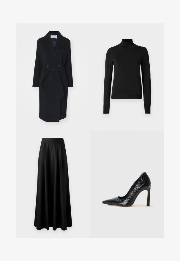 Schwarzer Wollmantel mit Reverskragen, doppelten Knöpfen und einem Taillengürtel. Mit langen Ärmeln und seitlichen Taschen. Strukturiert.; Schwarzer Langarmrollkragenpullover mit gerippten Bündchen und Saum, auf einem schlichten weißen Hintergrund präsentiert.; Schwarzer, bodenlanger Rock mit glatter Textur, weitem Bund und plissiertem Design, ohne sichtbare Muster oder Verzierungen.; Schwarzer, spitz zulaufender High Heel mit Krokodilleder-Struktur, elegantem Design, hohem Stiletto-Absatz und glattem schwarzen Innenraum.