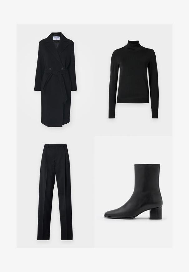 Musta villakangastakki, jossa on lovettu kaulus, kaksiriviset napit ja vyö vyötäröllä. Pitkät hihat ja sivutaskut. Rakenne on muotoiltu.; Musta pitkähihaisen pooloneuleen, jossa on ribbikuvioiset hihansuut ja helma, esitetty yksinkertaisella valkoisella taustalla.; Musta housut, jotka on valmistettu sileästä kankaasta ja joissa on korkea vyötärö, leveät lahkeet, etukaarteet ja klassiset vyölenkit. Ei näkyviä sivutaskuja.; Mustat nahkasaappaat nilkkakorkeudella, joissa on terävä kärki ja tukeva neliön muotoinen korko. Sileä pinta, saumaton muotoilu ja minimalistinen ommel.