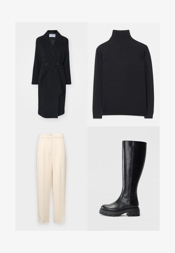 Black wool coat with a notched collar, double-breasted buttons, and a waist tie. Features long sleeves and side pockets. Structured shape.; Black turtleneck sweater made of soft fabric. Features long sleeves, a high neck, and ribbed cuffs and hem for a fitted look.; Beige tailored trousers with a straight fit, featuring pleats at the front, a smooth texture, and a mid-rise waist. No visible pockets.; Black knee-high boots made of smooth leather, featuring a rounded toe and a chunky rubber sole with tread patterns for traction.